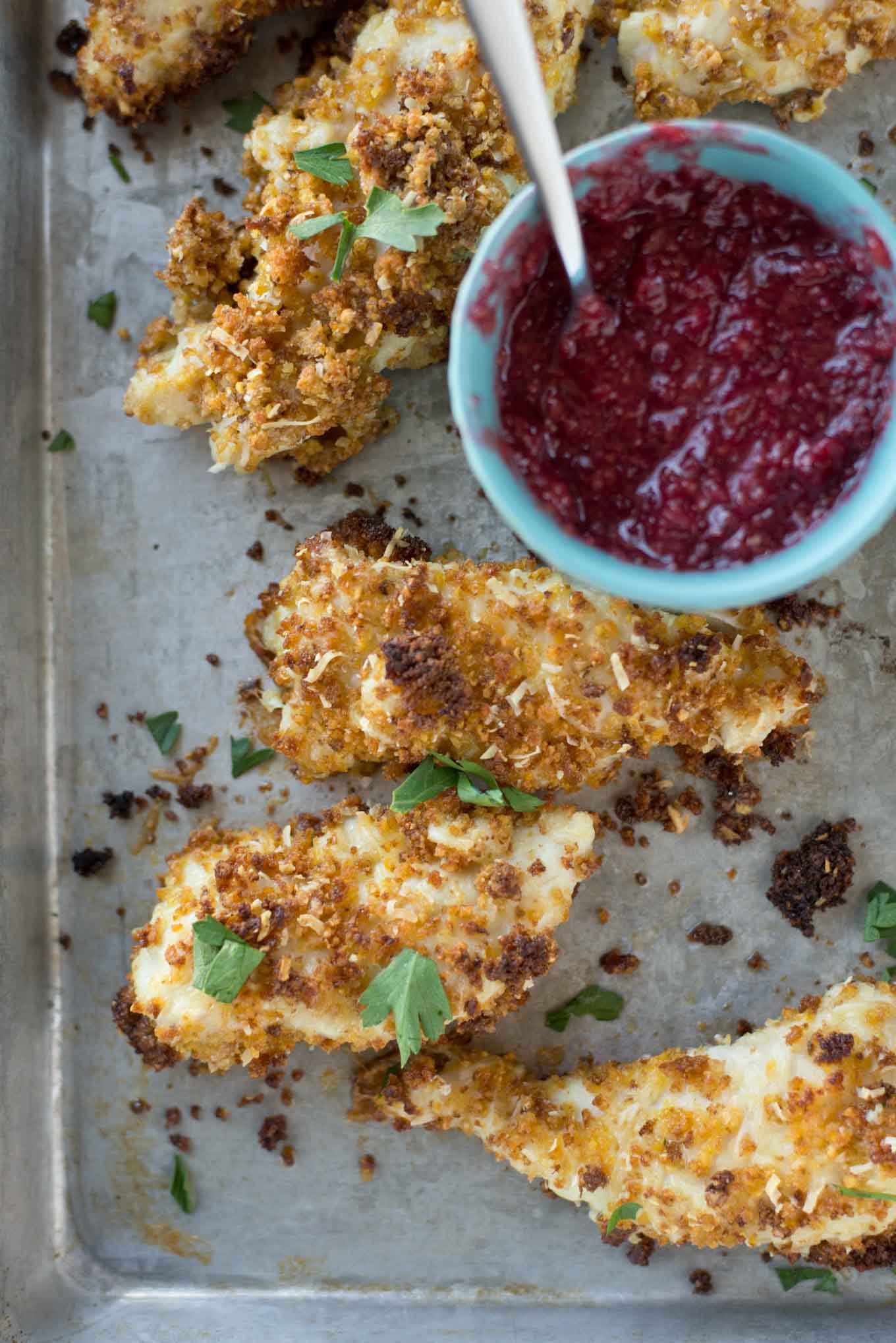 The crispiest, gluten-free baked chicken fingers around. You will be surprised at the secret ingredient in achieving the perfect crisp. 