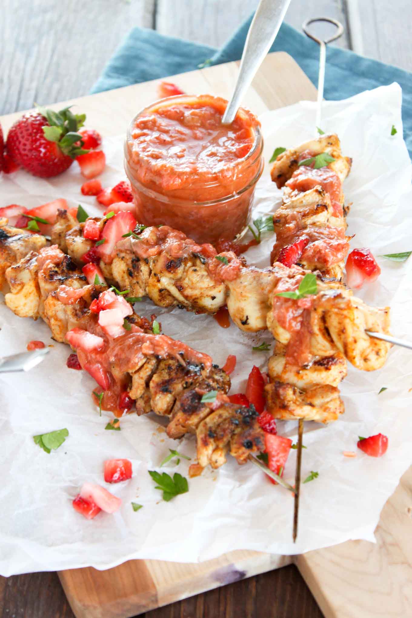 Grilled Chicken Skewers with Strawberry Rhubarb Chutney | simplerootswellness.com
