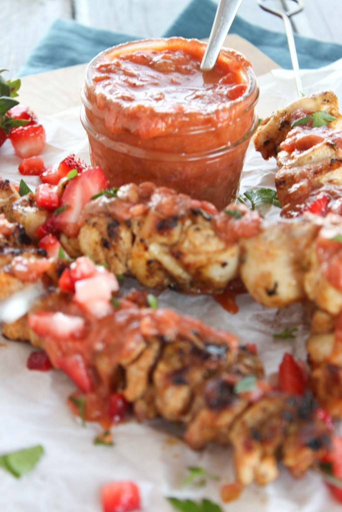 Grilled Chicken Skewers with Strawberry Rhubarb Chutney - Simple Roots