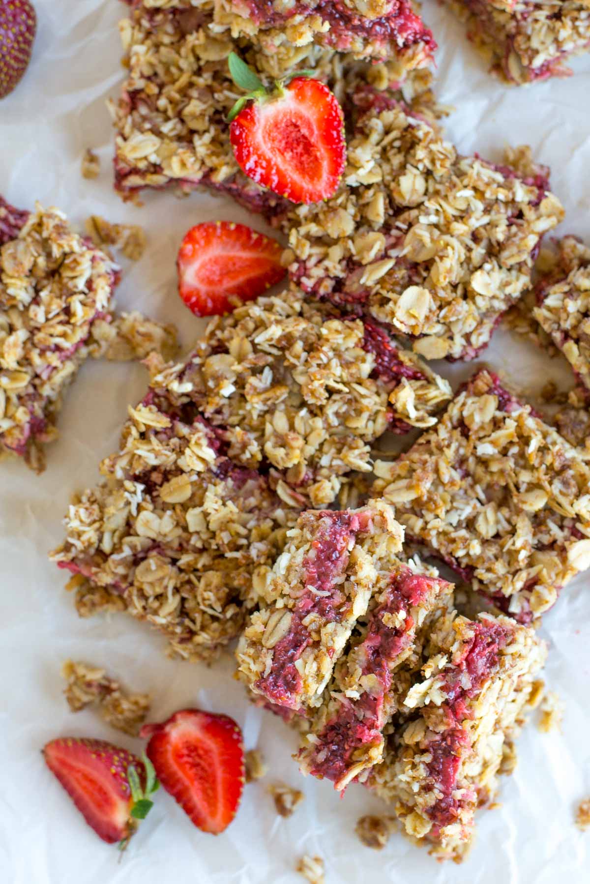 These 10 minute strawberry stuffed healthy oatmeal bars are the perfect on the go snack, even passing as a quick breakfast.