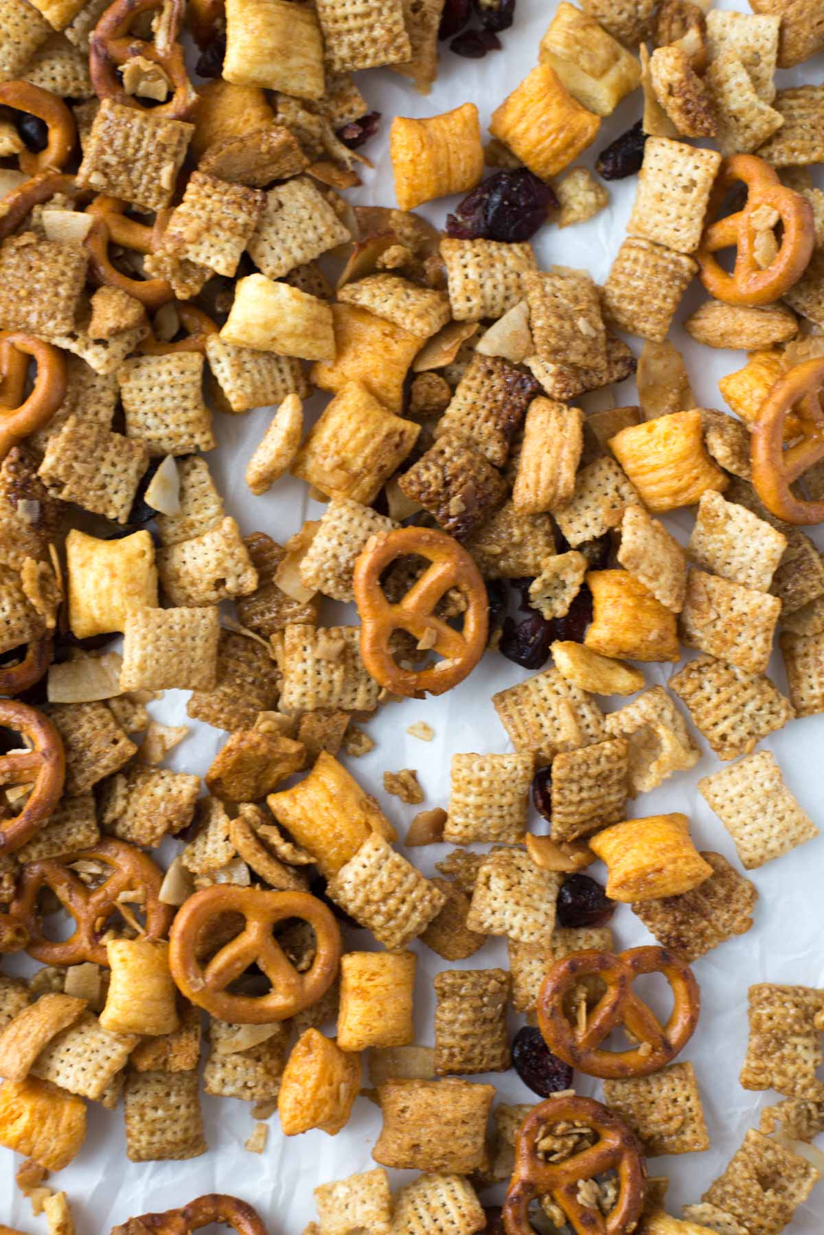 A quick and healthy alternative to traditional sweet chex mix. This maple version has big flavor with over half as much sugar.