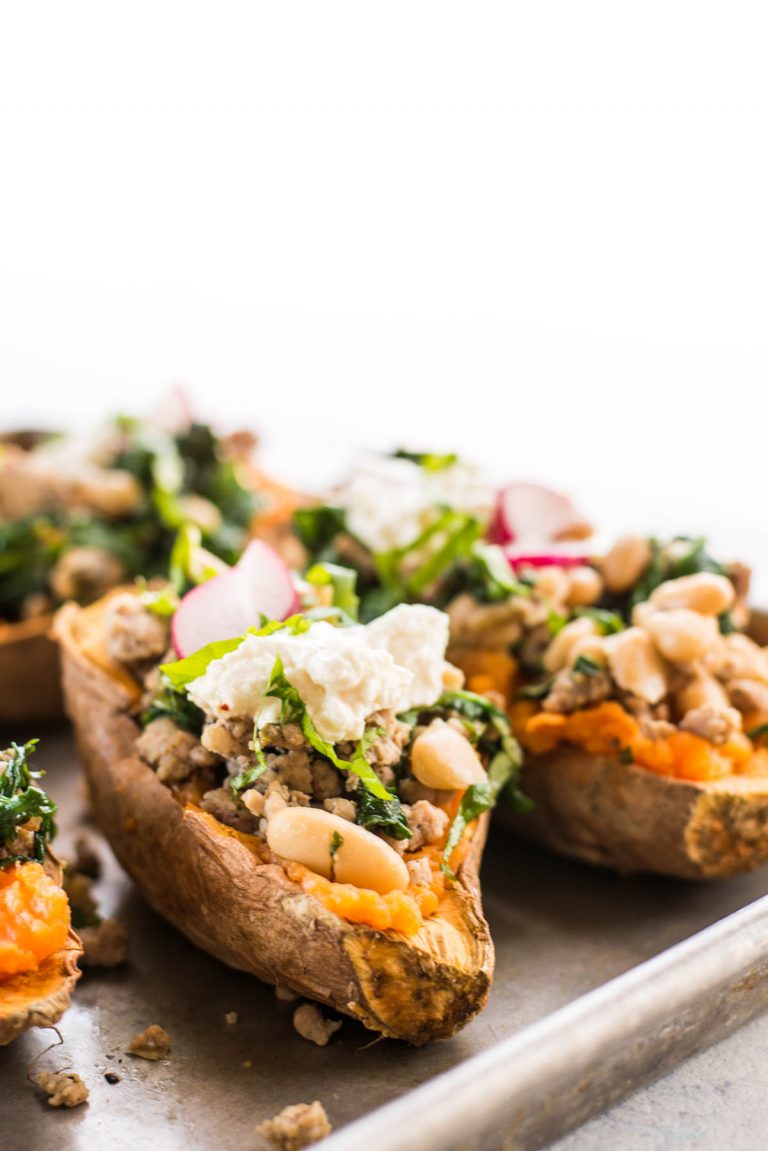 Sausage and Spinach Stuffed Sweet Potato with Goat Cheese - Simple Roots