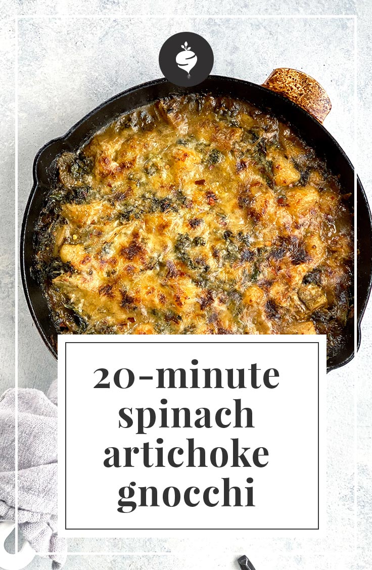 Healthy 20-Minute Spinach Artichoke Gnocchi {made with Trader Joe's Cauliflower Gnocchi} | simplerootswellness.com #podcast #recipe #gnocchi #easy #weeknight #healthy #dinner