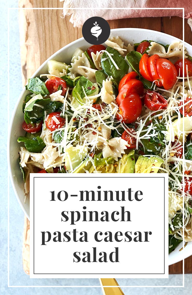 10-Minute Spinach Pasta Caesar Salad {GF, DF, EF} | simplerootswellness.com #pasta #salad #spinach #summer #easy #healthy #quick